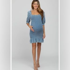 Light Blue Square Neck Smocked Denim Maternity Dress
